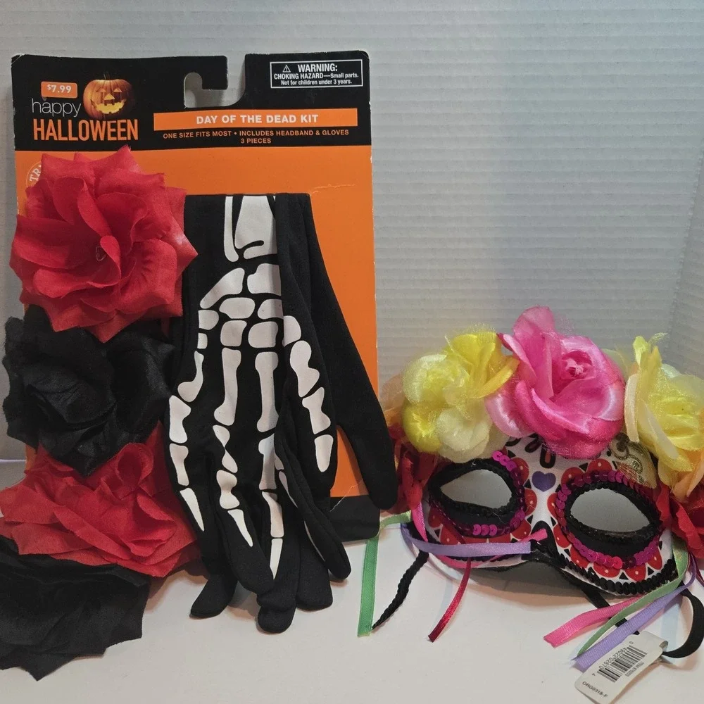 Day Of The Dead Halloween Set Light Up Headband, Gloves Glow in‎ The Dark W/MASK